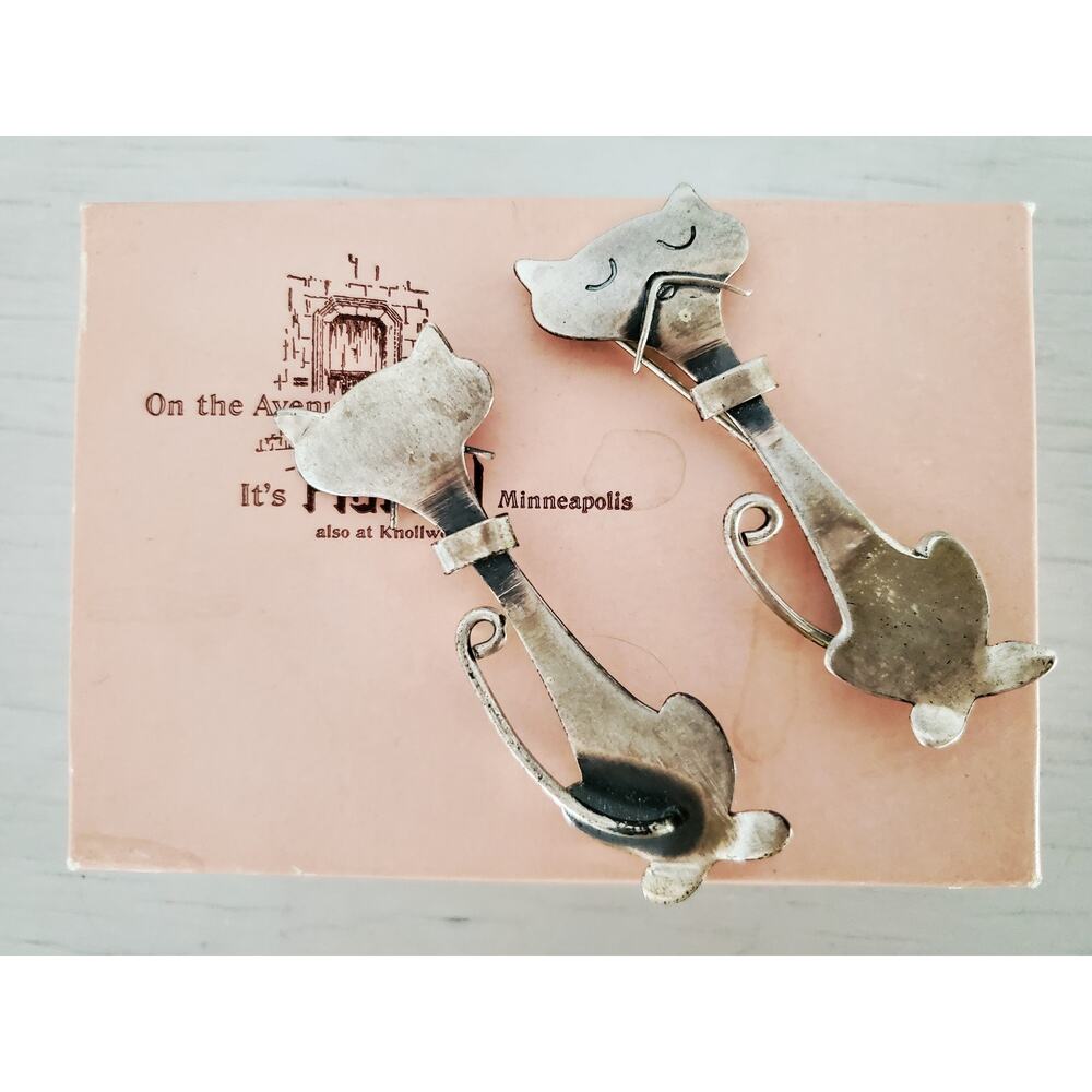 Vintage Pair of Orb Otto Robert Bade Designer Sterling Silver Cat Brooches